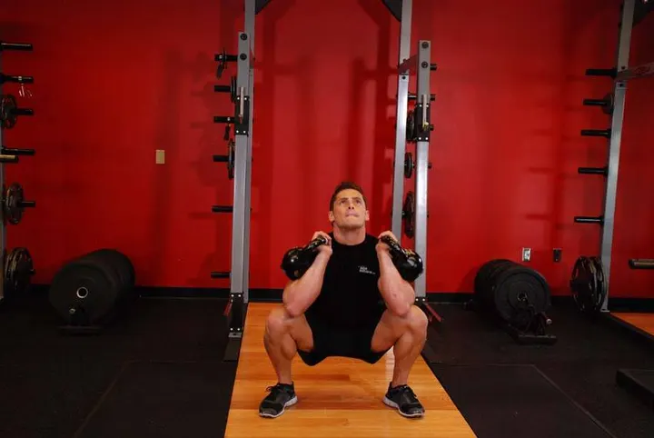 Front Squats With Two Kettlebells — End position