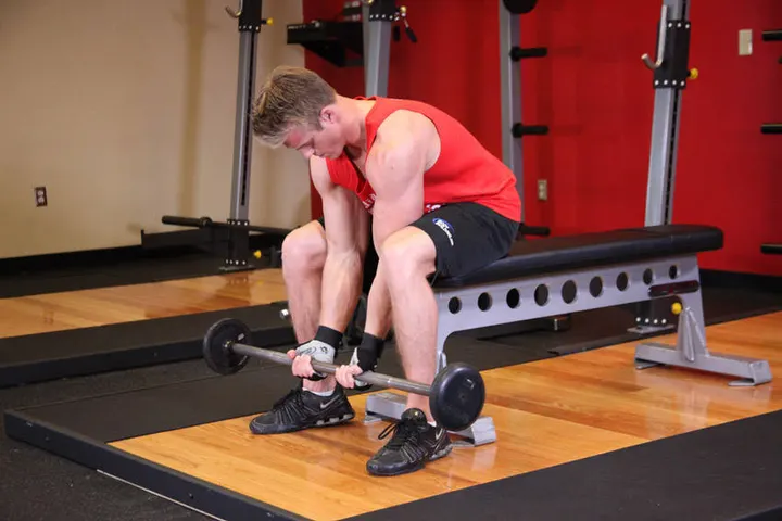 Seated Close-Grip Concentration Barbell Curl — Start position